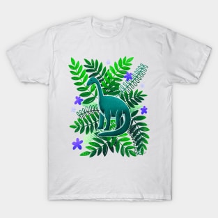 Dinosaur & Leaves - Green and Indigo T-Shirt